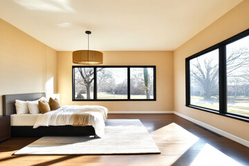 Fototapeta premium Cozy modern bedroom with large windows and natural light during daylight