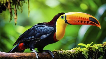 Naklejka premium Vibrant toucan perched on a gnarled branch in a dense rainforest, AI generated