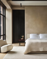 Modern bedroom design with neutral tones and large windows in urban setting