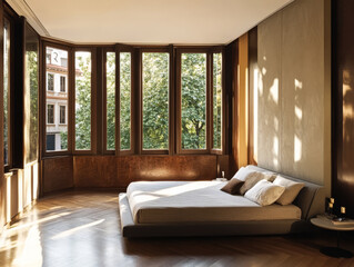 Modern bedroom with large windows overlooking a green view in a stylish urban setting