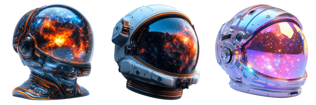Futuristic space-ready astronaut helmets on transparent background
