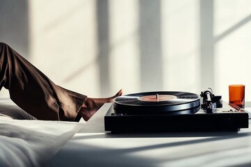 Fototapeta premium Relaxing afternoon with vinyl records playing on a turntable in a sunlit room