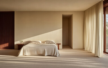 Minimalist bedroom with natural light and soft textures in a serene setting