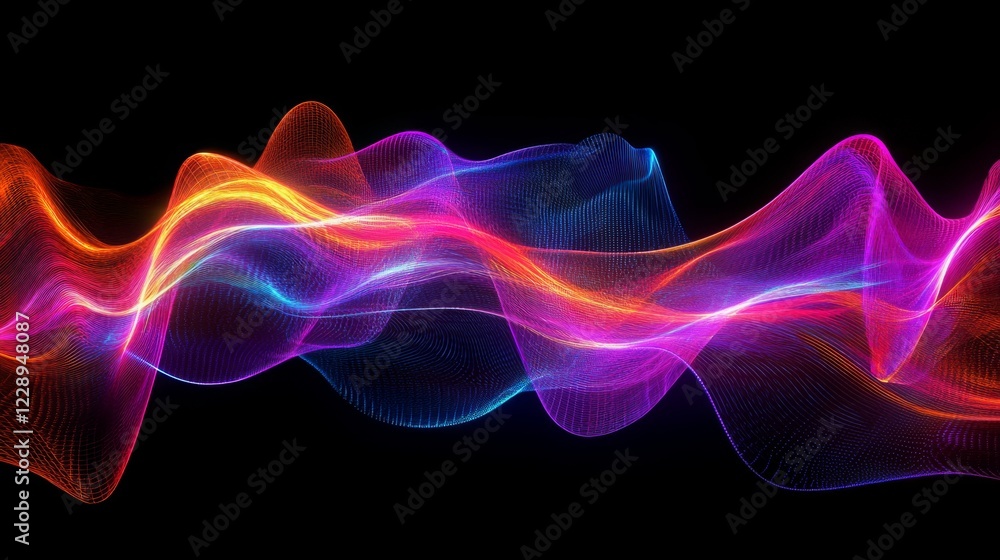 Poster vibrant, abstract wave patterns in a spectrum of colors against a black background, representing sou