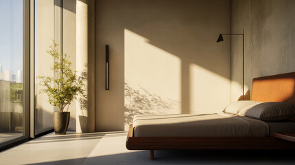 Elegant bedroom bathed in natural light with minimalist decor and indoor plants