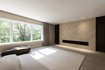 Bright modern bedroom with large window and minimalist design overlooking nature