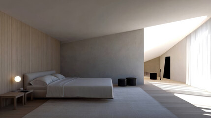 Modern minimalist bedroom design featuring natural light and simple furnishings