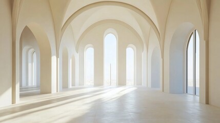 Obraz premium Empty white cathedral interior with arched windows and sunlight.