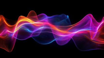 Vibrant, abstract wave patterns in a spectrum of colors against a black background, representing sound or light waves.