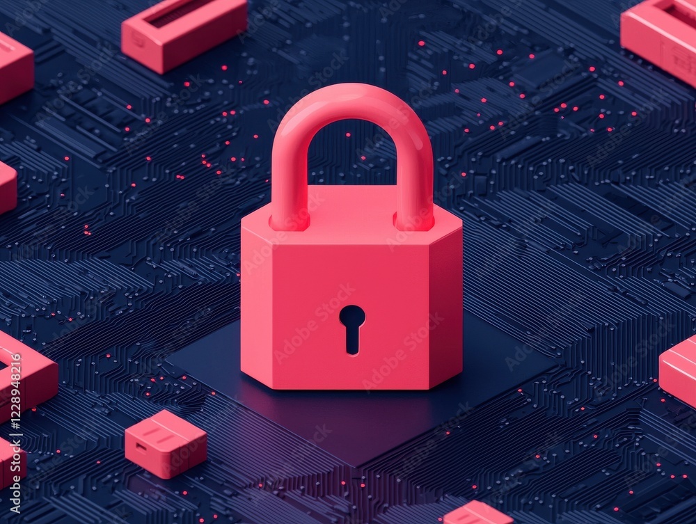 Poster solution ai authentication cybersecurity concept. 3d illustration of a pink padlock on a dark digita