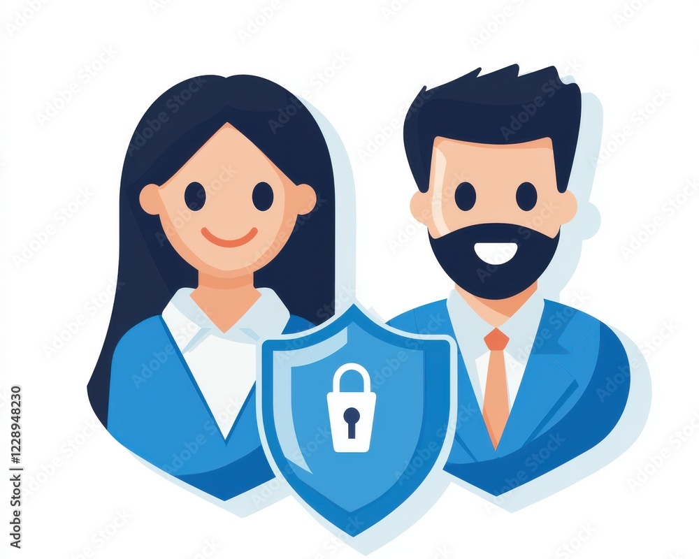 Poster solution ai authentication cybersecurity concept. two professionals stand together with a security s