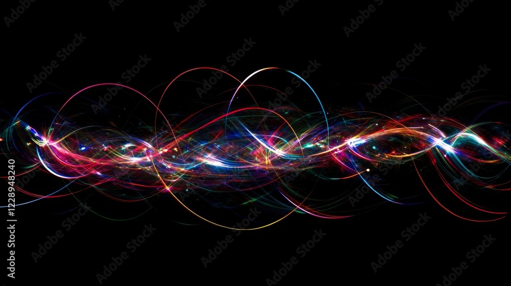 Poster a vibrant, abstract display of colorful light waves on a black background, creating a sense of movem