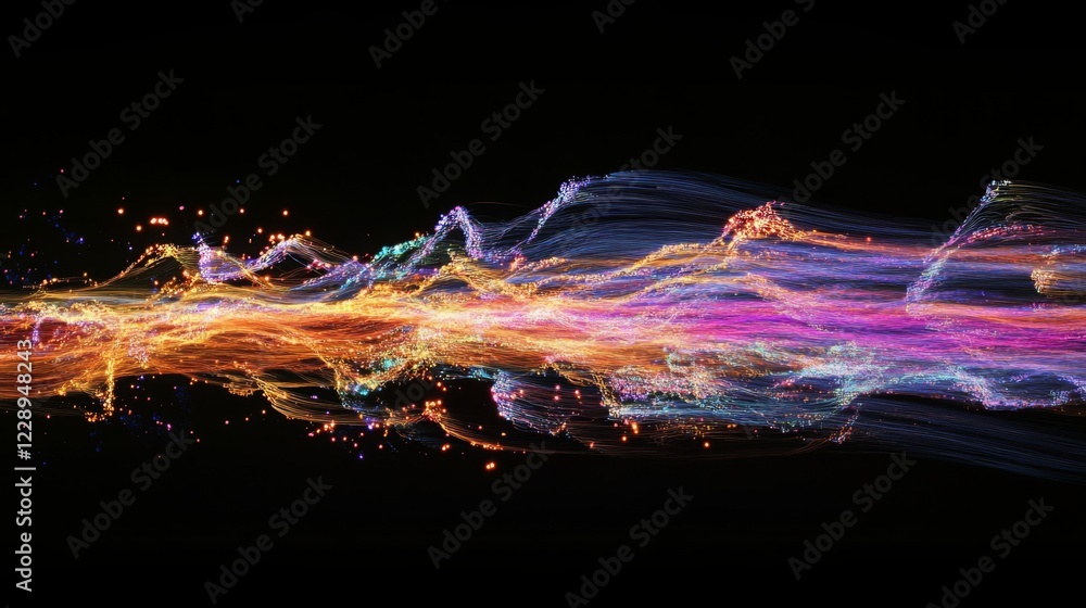 Fototapete A vibrant display of colorful light trails flowing dynamically against a dark background, creating a mesmerizing visual effect.