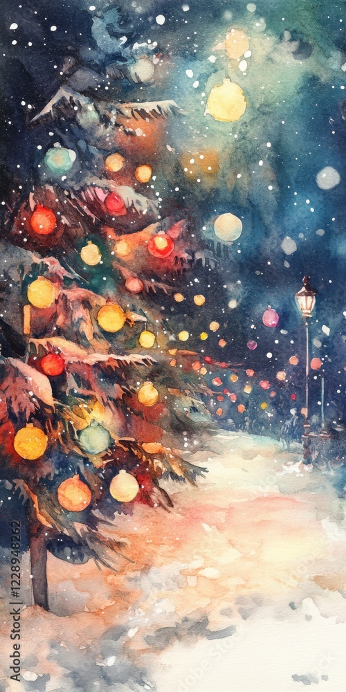 Poster a magical winter scene featuring snow,covered trees adorned with colorful lights, creating a festive