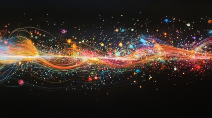 Obraz premium A vibrant, abstract visualization of light and color, showcasing swirling patterns and celestial elements against a dark background.