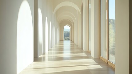 White arched hallway with natural light and nature view.
