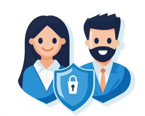 solution Ai authentication cybersecurity concept. Two professionals stand together with a security shield, symbolizing protection and trust.