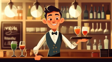 Bartender with a Smile: A friendly bartender in a classic bar setting, with a warm smile and a tray of drinks ready to serve.