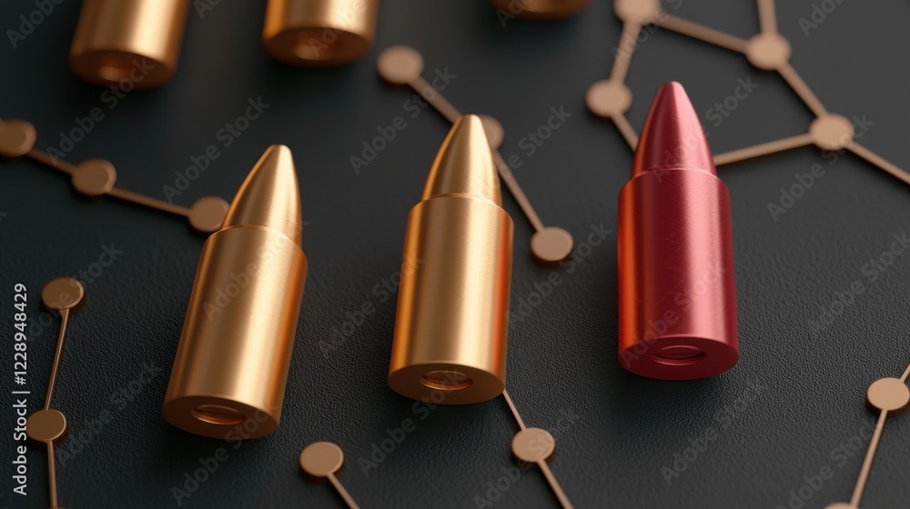 Poster solution ai authentication cybersecurity concept. bullet casings on a dark surface with geometric co