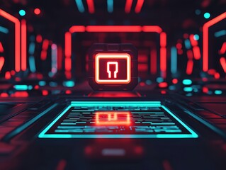 Obraz premium solution Ai authentication cybersecurity concept. Futuristic digital interface with glowing neon circuitry and a connection symbol.