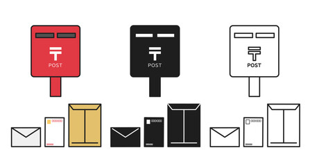 ポストと郵便物のアイコンイラストセット