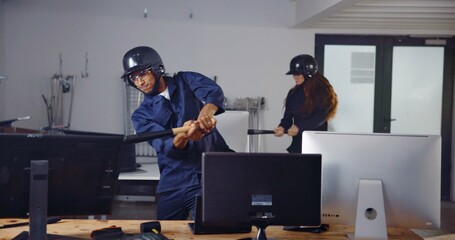 Demolition, weapon and friends in rage room for frustrated, anger management and stress relief....