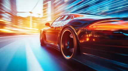 Fototapeta premium A sleek sports car speeds through a cityscape, creating a dynamic sense of motion with vibrant light trails in the background.