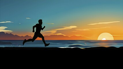 Illustration of a running athlete silhouette in calm harmony bathed in the breathtaking palette of a sunset, AI generated