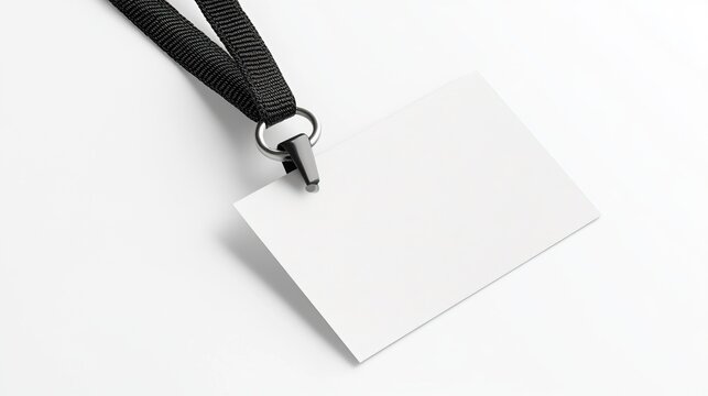 Blank white badge mockup with black lanyard.