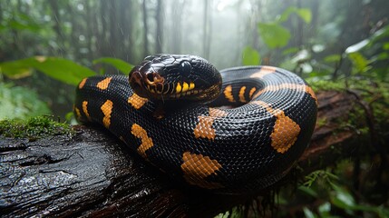 Obraz premium Rainforest Python Coiled on Log, Misty Background.