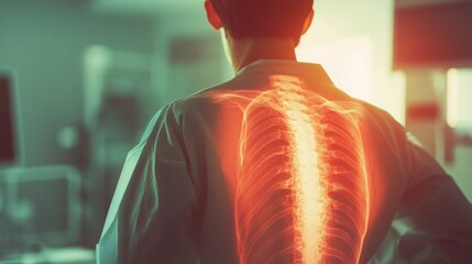 A medical professional stands with a glowing spine illustration, emphasizing the importance of spinal health and anatomy.