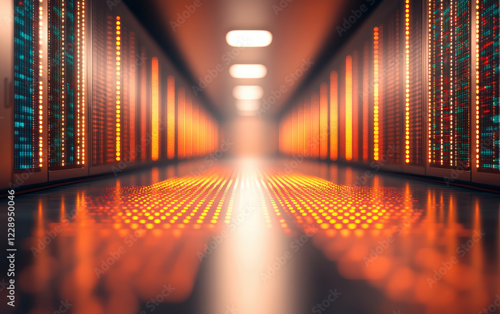 Poster futuristic server room with glowing lights and reflective floor, creating vibrant atmosphere. advanc