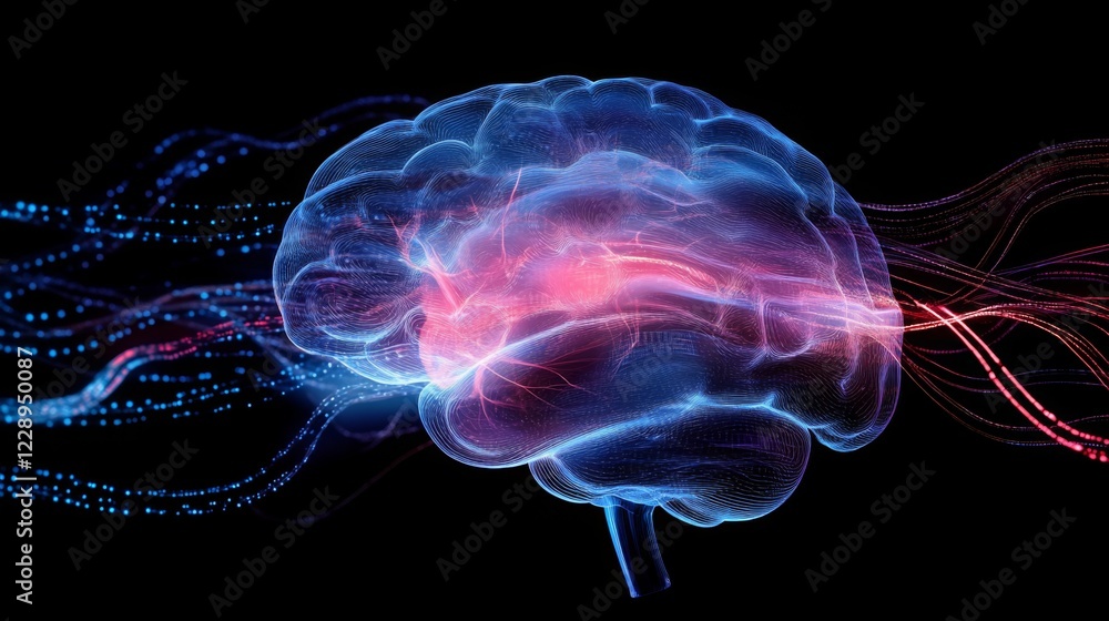 Poster A vibrant digital illustration of a brain illuminated with flowing, colorful streams, symbolizing thought and neural connections against a dark background.