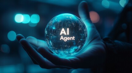 A hand holds a glowing orb displaying the words "AI Agent," symbolizing advanced technology and artificial intelligence.