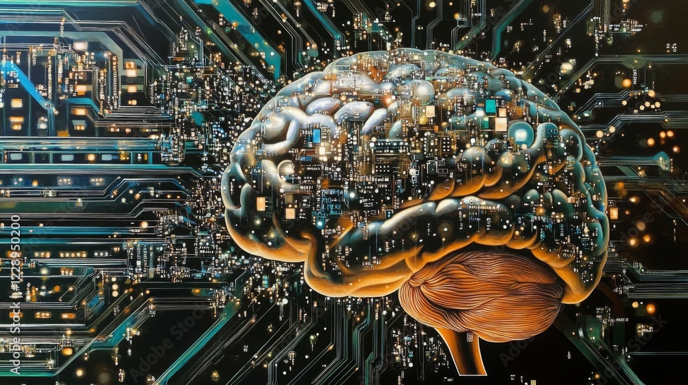 Leinwandbilder A digital brain surrounded by circuits and data, illustrating the intersection of neuroscience and technology.