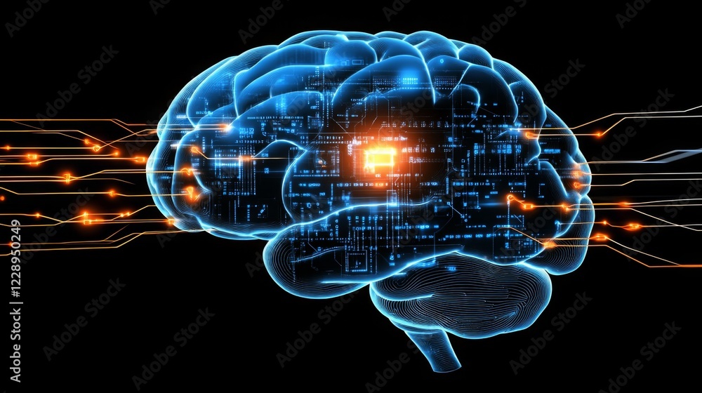 Poster a futuristic digital brain with glowing circuits representing advanced technology and artificial int