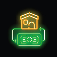 Neon sign representing the concept of real estate investment with a house and a banknote