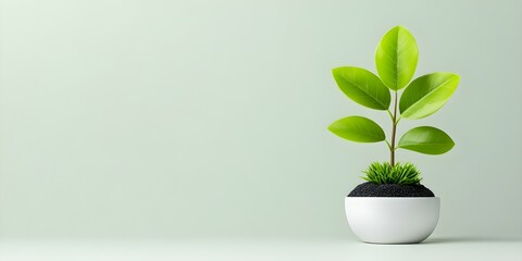 A small green plant with several leaves growing in a white pot filled with black soil, set against a light green background. Concept Indoor Gardening, Plant Care Tips, Home D&eacute;cor Ideas