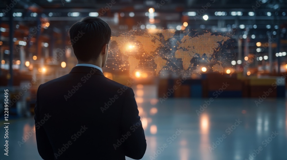 Aufkleber A business professional observes a digital world map display in a modern warehouse, highlighting technology and global logistics.