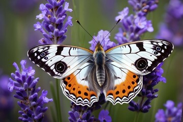 Naklejka premium Butterfly resting on a blooming lavender plant, with its delicate wings fully spread and fine textures visible, AI generated