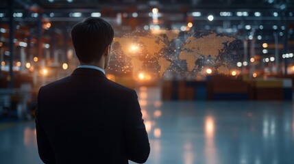 A business professional observes a digital world map display in a modern warehouse, highlighting technology and global logistics.