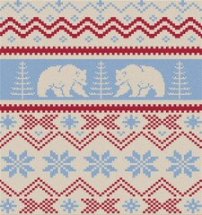 Christmas knit prints. Seamless pattern. Red knitted borders. Sweater winter textures. Fair isle traditional backgrounds. Holiday ornaments. © CREATIVE KNIT DESIGN