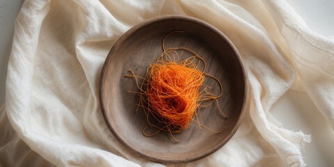 Saffron Threads on Wooden Plate - Top View