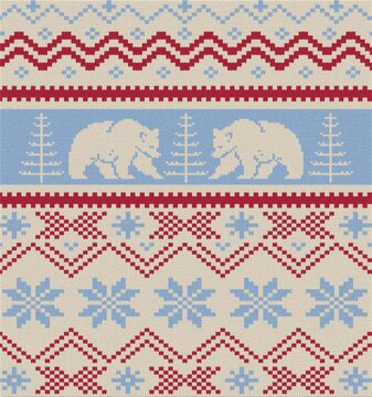 Christmas knit prints. Seamless pattern. Red knitted borders. Sweater winter textures. Fair isle traditional backgrounds. Holiday ornaments.
