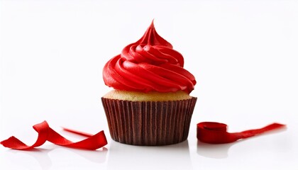 The image shows three cupcakes with red icing on a white surface. The cupcakes are topped with swirls of red frosting, and they are placed in red paper liners.