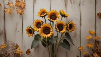 Sunflowers Rustic Wood Background Harvest Fall