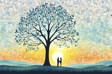 Abstract minimalist spring scene with a single, sharp silhouette of a couple and a blooming tree, hinting at spring freshness, AI generated