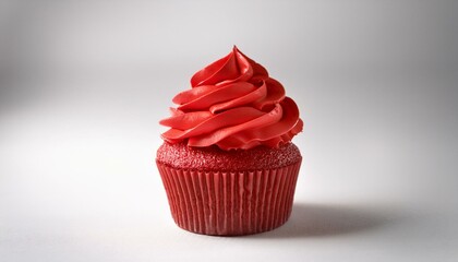 The image shows three cupcakes with red icing on a white surface. The cupcakes are topped with swirls of red frosting, and they are placed in red paper liners.