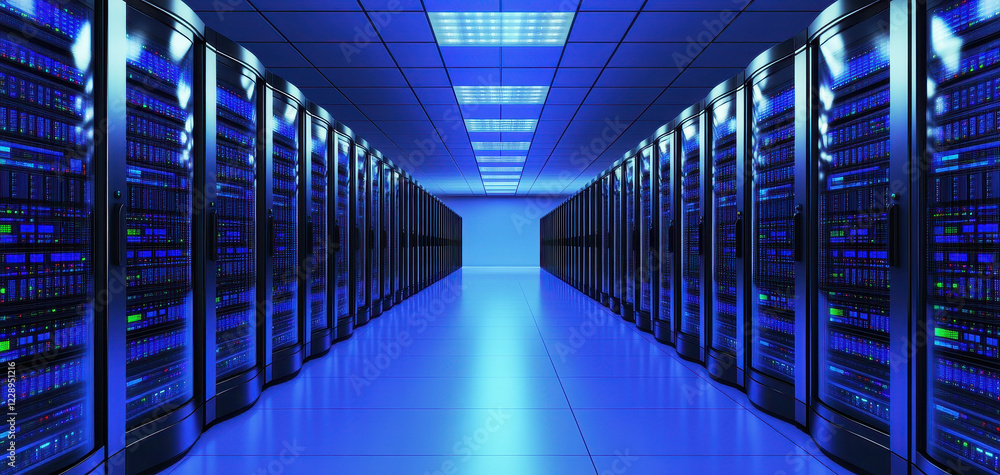 Aufkleber modern data center featuring rows of servers illuminated by blue lights, showcasing advanced technol