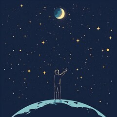 A person standing on the earth, looking up at stars in sky with moon, night scene, vector illustration style, simple lines, cartoon style, flat design, high resolution.